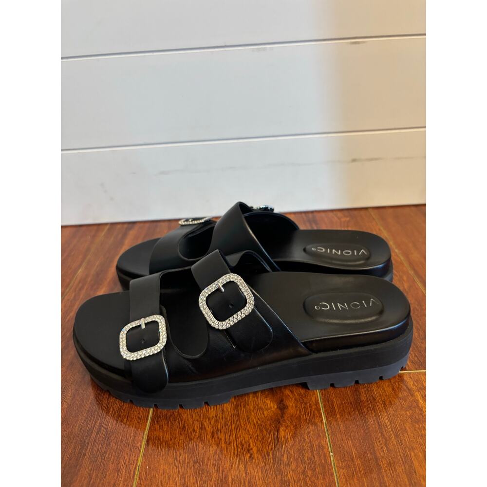 Vionic Black Platform Slide Sandals with Silver Buckles - Picture 3 of 9